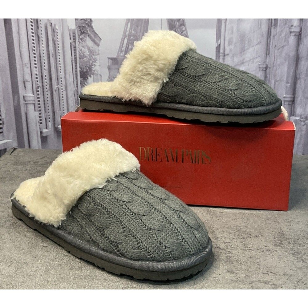 Dream Pairs Women’s Cozy 06 Cable Knit Faux Fur Moles Comfy Slippers Size 11